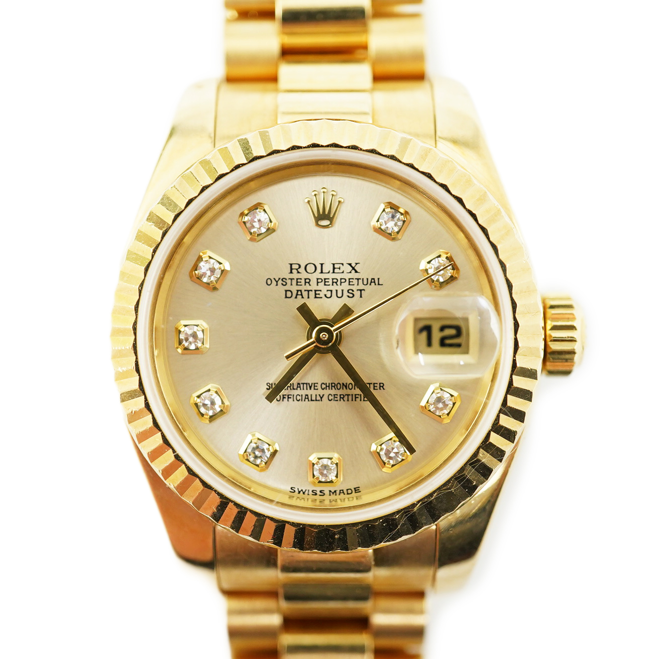 A lady's 2002 18ct gold and diamond set Rolex Oyster Perpetual Datejust wrist watch, on an 18ct gold Rolex bracelet with deployment clasp